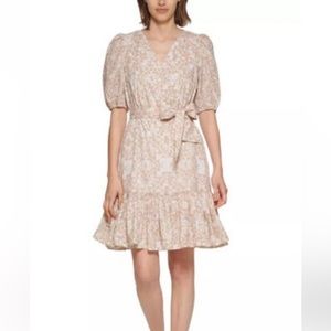 Calvin Klein Printed Balloon Sleeves Ruffle Hem Dress Cream White Size 10